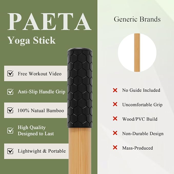 PAETA Yoga Stick for Stretching, 5ft Exercise Stick for Mobility & Flexibility, Bamboo Stretch Bar and Posture Pole with Non-Slip Grip - Includes Free Video Guide