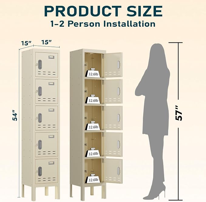 BUTISOW Metal Storage Locker with Lock & Card Slot - Secure Lockable Door - Steel Locker for School, Office, Gym, Home - 66.15" H x 11.8" W x 11.8" D - 5 Door - Beige
