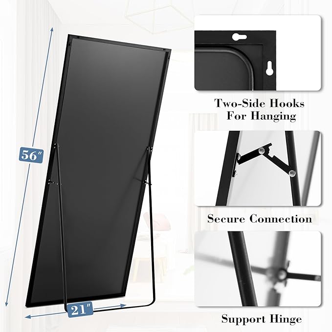 DUMOS 56"x21" Full Length Mirror, Full Body Mirror, Black | Aluminum Alloy Thin Frame, Leaning or Hanging, Suitable for Bedroom, Livingroom, Cloakroom