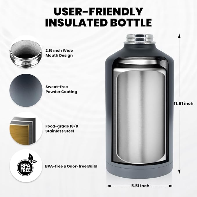 RAYMYLO One Gallon Water Bottle Insulated, Triple Walled Vacuum Stainless Steel (Cold for 48 Hrs), Leak Proof & Non-BPA, Large Water Flask Jug with Paracord Handle & Straw Spout Lids