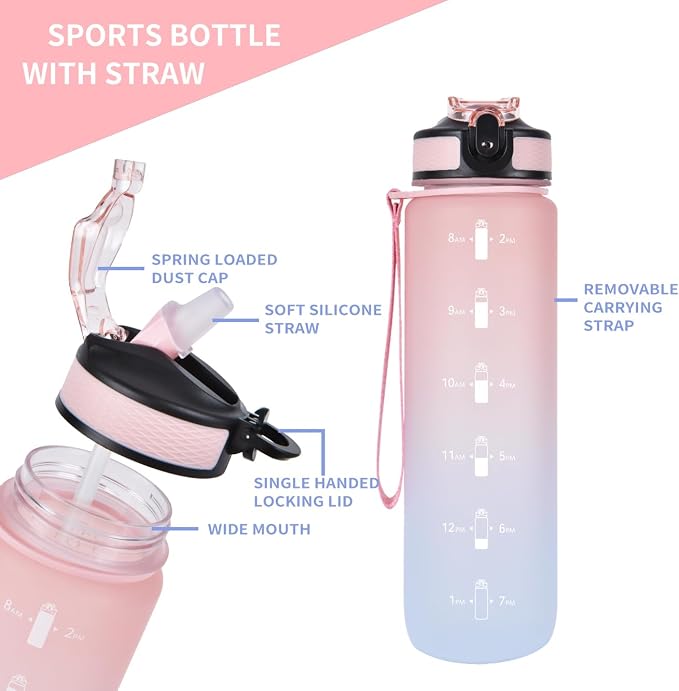 EYQ 32oz Water Bottle with Straw, Time Marker, Blue Purple | Blue Purple Tritan, BPA Free, Time Marker, Leakproof Lock Lid, Wide Mouth, for Gym, School, Office and Travel
