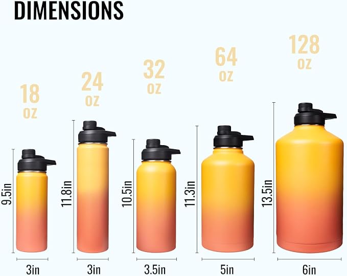 Fijinhom Insulated Water Bottle with Handle, 304 Stainless Steel Water Bottles with Wide Mouth, Double Wall Vacuum Sports Water Bottle, BPA Free, Keep Cold and Hot, 24 Ounces, Yellow&Orange