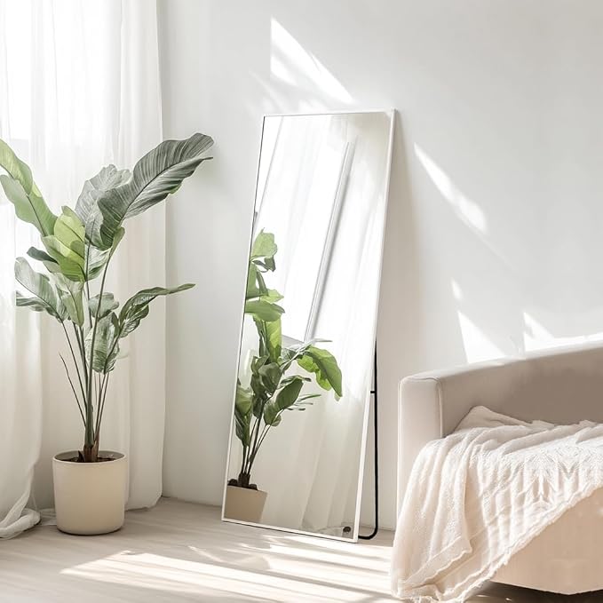 48x16 inch White Full Length Mirror, Floor Mirror with Stand | Matte White Metal Frame, No Distortion, High Definition, White Body Mirror for Bedroom, Living Room, Entryway, Bathroom