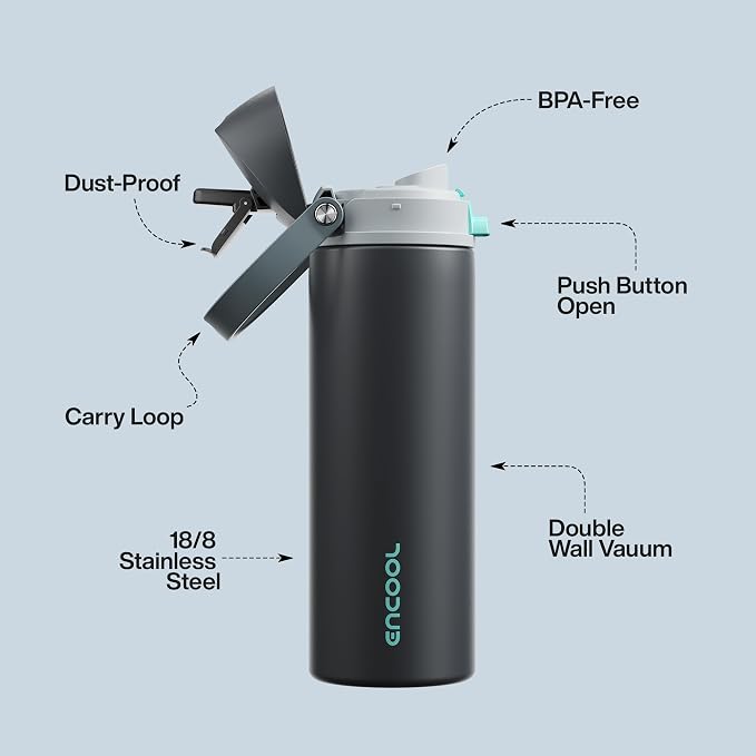 Insulated Water Bottle with Straw - Encool Stainless Steel Water Bottle with Push Button Lid, Leak-Proof & BPA-Free, Keeps Cold for 24 Hours for Sports, Travel, Gym (32 oz, Tuna Grey-Green)