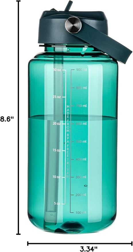 OLDLEY 32oz Water Bottle with Straw,Leakproof Tritan Clear Bottle with Marked Bottle and Carry Handle, BPA-Free Wide Mouth Reusable Sports Water Bottle for Gym,Hiking, Camping, Travel, Workout,Lagoon