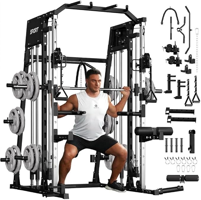 Garvee Smith Machine Home Gym, 2200LBS Power Cage Squat Rack with Smith Bar | With Cable Crossover, LAT Pull-Down & Leg Hold-Down - Multi-Functional Strength Training Equipment for Home, Red