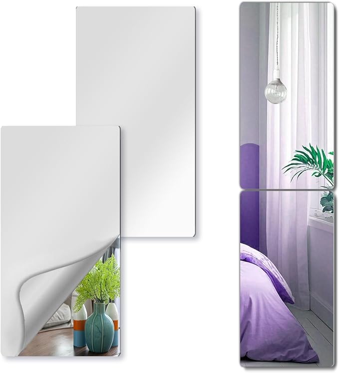 Unbreakable Acrylic Full Length Mirror for Wall Mounted, Full Body Mirror for Kids, Flexible Plastic Safe Shatterproof, 2 PCS 24 x 14 Inches, Workout Mirrors Tiles for Home Gym, Bedroom Over The Door