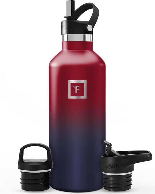 IRON °FLASK 32 oz Narrow Mouth Water Bottle with 3 Lids | Insulated Stainless Steel Sports Water Bottle with 3 Leakproof Lids - BPA Free, Cold 24 Hrs, Sweat Free (Dark Rainbow)