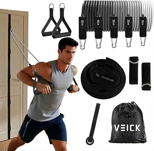 VEICK 10-150LBS Resistance Bands with Handles, Ankle Straps, Door Anchor | Accredited Lab Certified, 100% Natural Latex, Versatile for Yoga, Pilates, Strength, Home Gym