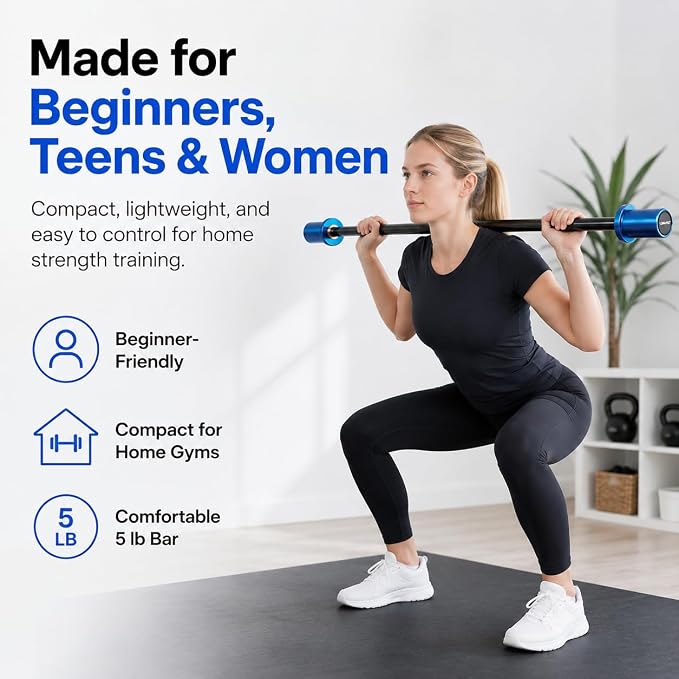 5 lb Kids Barbell, 48-Inch Technique Bar for 2-Inch Olympic Plates | Lightweight bar with knurled grip and 50 lb capacity for youth, teens, women and beginner training