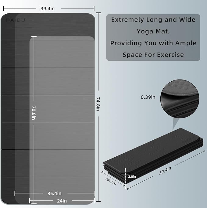 PAIDU Foldable Yoga Mat (10MM) 75‘’x40‘“ Quick Fold，Easy Storage | TPE Non-Slip Design, Ea Extra Long/Wide for Indoor Yoga, Pilates and Outdoor Travel Workouts