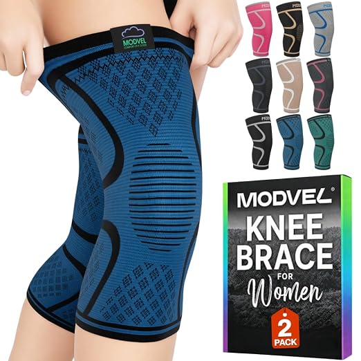 Modvel 2 Pack Knee Brace for Women - Knee Support for Walking, Knee Compression Sleeves for Pain Relief, Knee Sleeves for Women, Knee Brace for Sports, Workouts & Arthritis
