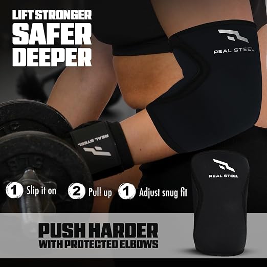 Real Steel Neoprene Elbow Sleeve (1 Pair) - 5mm Compression Support for Weightlifting, Bench, Powerlifting - Elbow Compression Sleeve for Men & Women - Premium Lifting Support for Elbows - X-Large