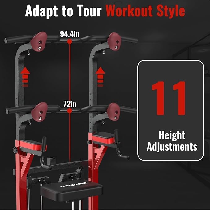Pull Up Bar Power Tower Dip Station, 450LB Adjustable Home Gym Equipment | 11-height adjustment supports pull ups, dips, knee raises, push ups and versatile full-body strength training