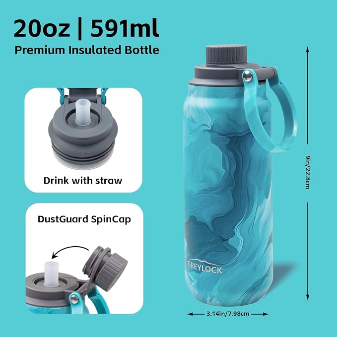 GREYLOCK 40 oz Insulated Water Bottle with Straw Lid, Leakproof Reusable Stainless Steel Vacuum Flask, 24hr Cold & Hot, Carry Handle & Silicone Spout, BPA-Free for Gym, Hiking, Travel,Blue
