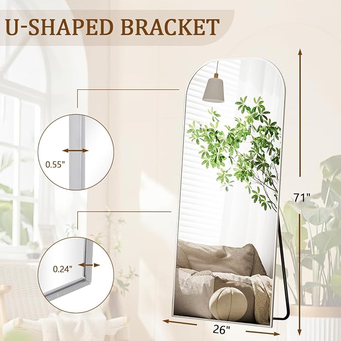 Koonmi Full Length Mirror, 71"x26" Mirror Full Length with Stand | Domed Top Square-Edged ShatterProof Floor Mirror with Sliver Aluminum Alloy Frame for Bedroom Living Room Home Gym