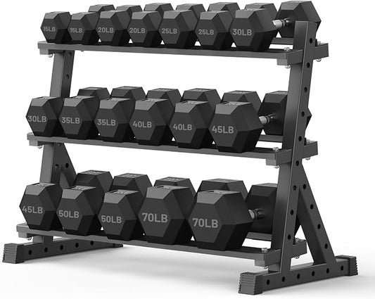 PAPABABE Dumbbell Set with Rack Dumbbells Rubber Encased Home Gym | PAPABABE Complete & Durable Cast Iron Core Odorless PVC Antiroll Hex Shape Ergonomic Chrome Handle Versatile Home Gym