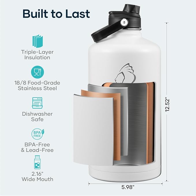 BUZIO 1 Gallon Water Bottle Insulated with Dust-Proof Straw & Spout Lids | 128 oz Large Water Jug 18/8 Stainless Steel Triple Wall (Keep Cold 48Hrs/Hot 24 Hrs), Dishwasher Safe, Sweat-Proof, Black
