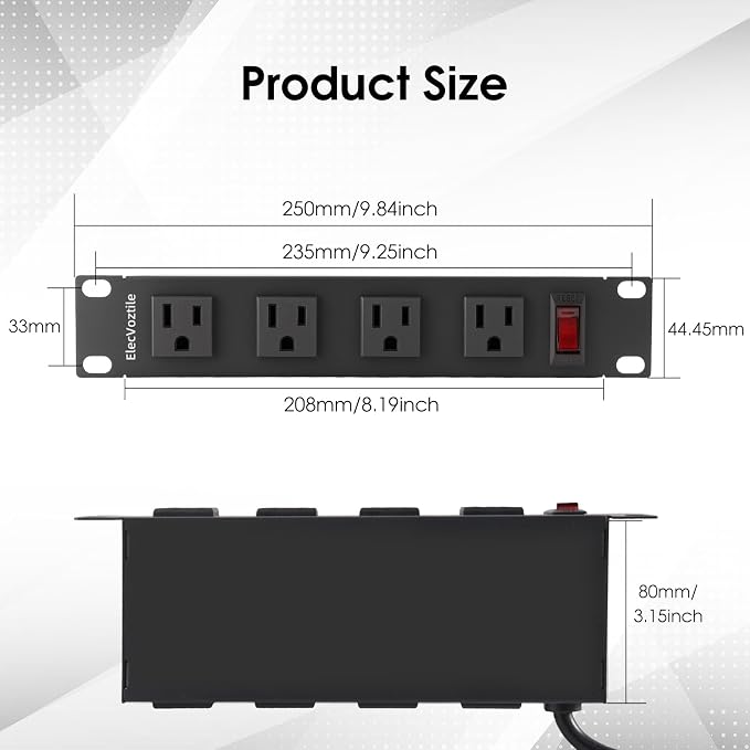 10 inch Rack PDU, 8 Outlets, Surge Protected, Metal Case | Heavy Duty, 4 Front & 4 Rear Outlets, 15A Overload Switch, 1U RackMount, Rear Power Cord, Ideal for 6U+ Mini Server Rack