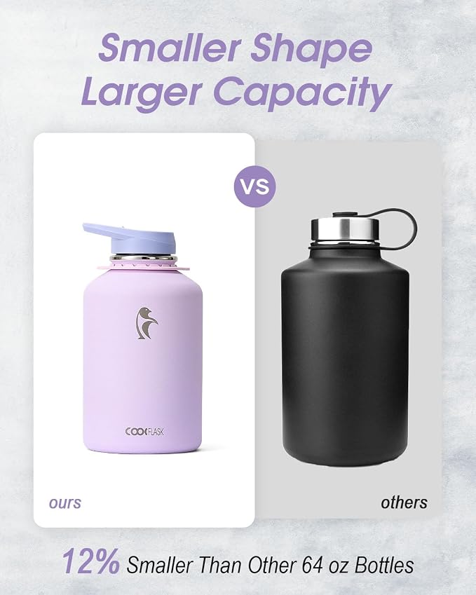 Coolflask Half Gallon Water Bottle Insulated Stainless Steel with Strap | 64 oz Large Water Jug with Straw & Spout Lids,Triple-Wall, Cold 48+h,Dishwasher Safe, Leakproof, BPA-Free,for Gym & Hiking