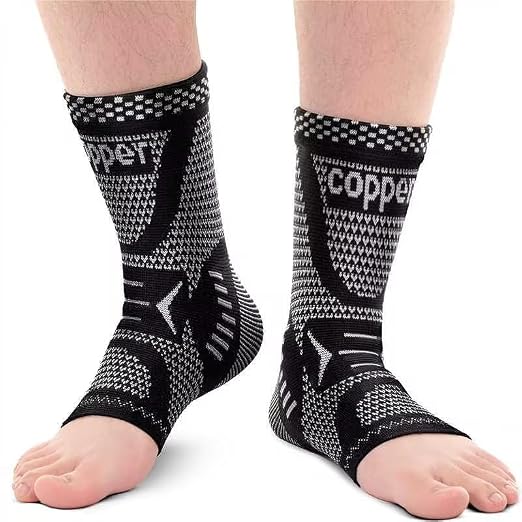 INDEEMAX Copper Ankle Brace Ankle Compression Sleeve Support Ankle Brace for Women & Men, Achilles Tendonitis Brace, Plantar Fasciitis, Sports, Silver Black, L