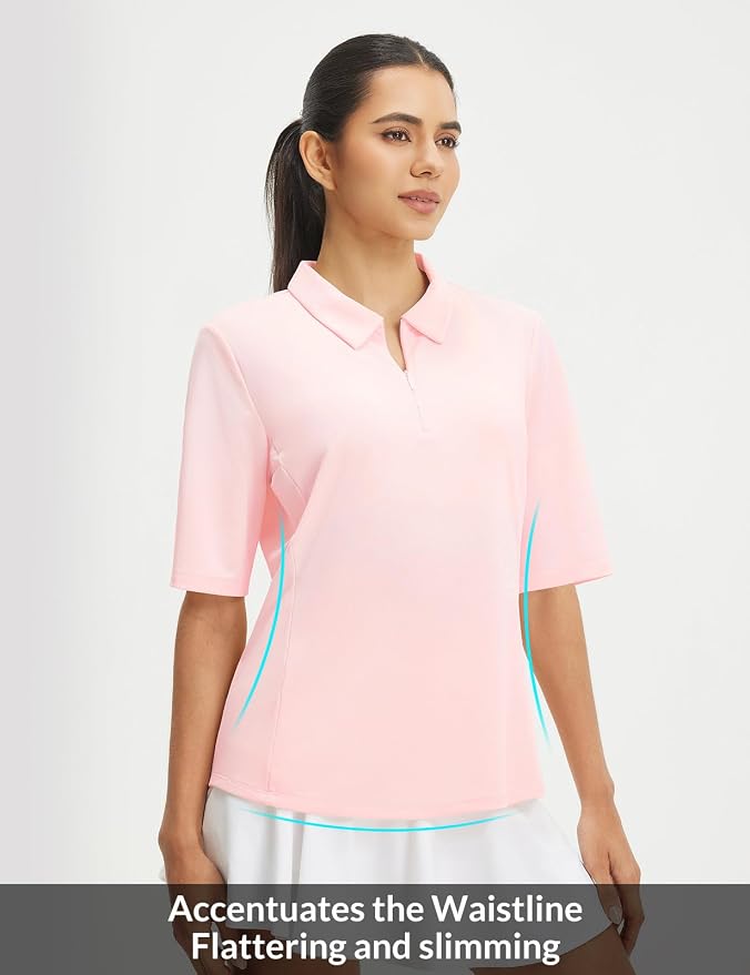 baleaf Womens Golf Shirts Half Sleeve Elbow Length Polo Tops | Stretch, Sun Protection UPF 50+, Quick Dry, Breathable, Moisture Wicking, Quarter Zip V Neck, Ideal for Golf Work Casual