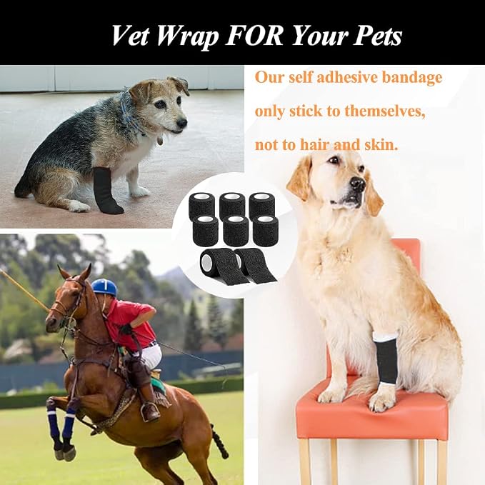 Self Adhesive Bandage Wrap,2" Black Cohesive Bandages Vet Wrap Sports Tape | CIYAGPOOU 8 Pack Elastic Breathable Athletic Wrap Bulk for First Aid Supplies, Wrist Sprains Protection
