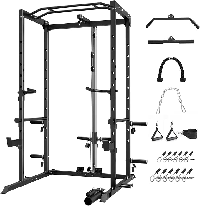 ULTRA FUEGO Power Cage, Multi-Functional Power Rack with J-Hooks, Dip Handles, Landmine Attachment and Optional Cable Pulley System for Home Gym