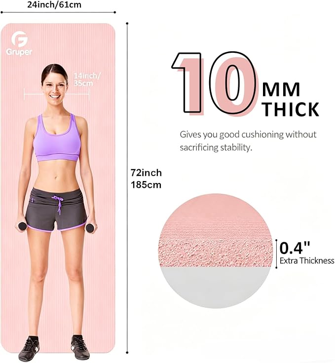 Gruper Yoga Mat Non Slip NBR Extra Thick Yoga Mat, 72"L x 32"/24"W x 0.6"/0.4"TH (185cm x 80cm/61cm x 15mm/10mm), Anti-Tear Exercise Mat with Carrying Strap and Bag, Workout Mats for Yoga, Pilates