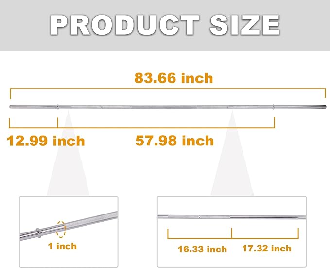 Available in 5FT and 7FT, Straight Barbell Bar, 1-Inch Standard Diameter, Alloy Steel, Black Finish, 300LBS Weight Capacity, Chrome Surface, Diamond Knurling, Anti-Skid Grip,