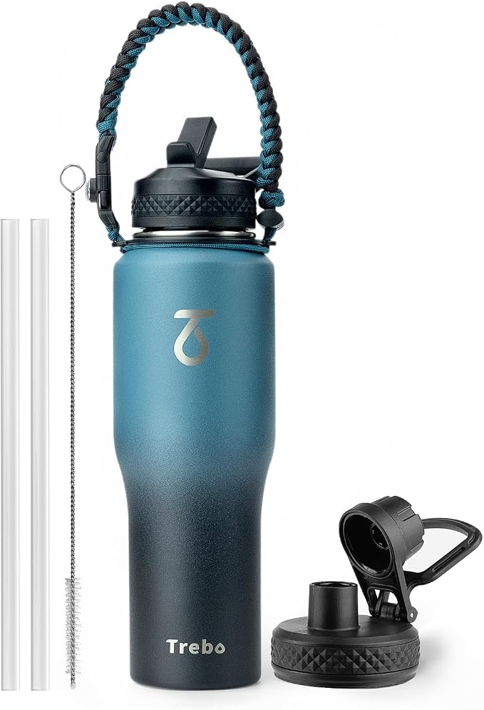 Trebo 32 oz Water Bottle Insulated Fits in Any Car Cup Holder with 2 Lids | Stainless Steel T-shape Tumbler with Paracord Handle, Triple Wall Vacuum Copper Plated, Cold 48 Hrs for Travel, Leakproof