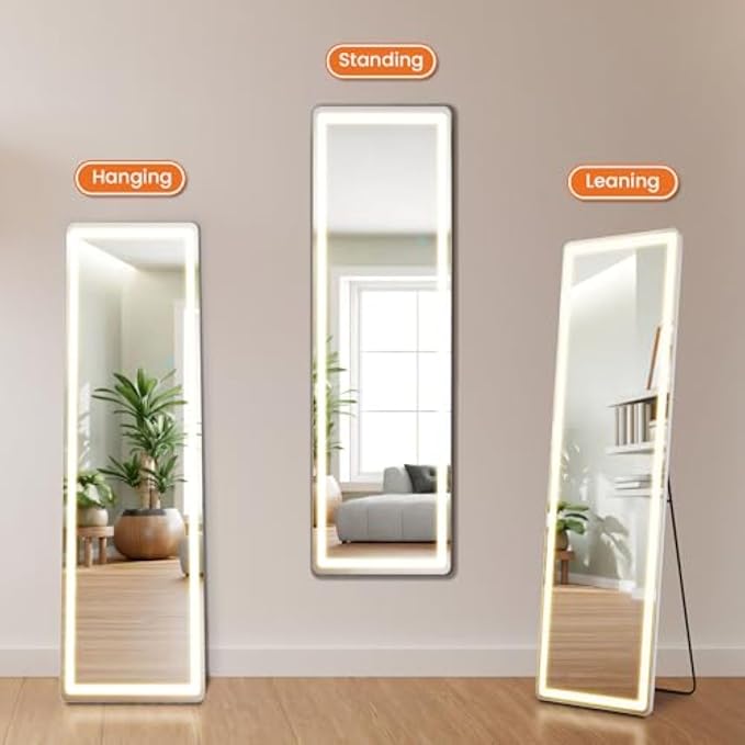 NEWBULIG 60"x16" LED Full Length Mirror, Full Body Standing Mirror, White | Leaning or Standing, Tempered Glass, Aluminum Alloy Thin Frame Floor Stand for Bedroom, Cloakroom