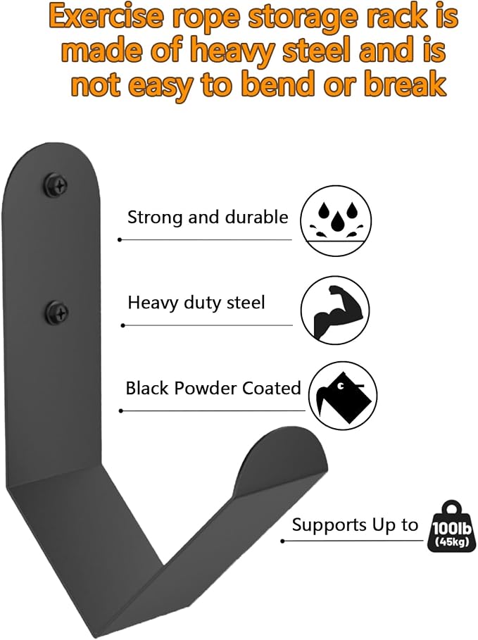 Yuleimy Extra Heavy Duty Battle Rope Storage Hanger Wall Mount, 1 Pack | Large Steel Battle Ropes Hook for Home Commercial Gym, Garage Organizer, Holds 100 lbs, Matte Black Powder Coating