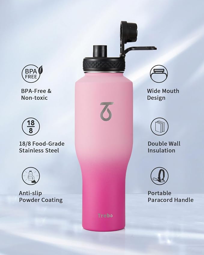 Trebo 32 oz Water Bottle Insulated Fits in Any Car Cup Holder with 2 Lids | Stainless Steel T-shape Tumbler with Paracord Handle, Triple Wall Vacuum Copper Plated, Cold 48 Hrs for Travel, Leakproof