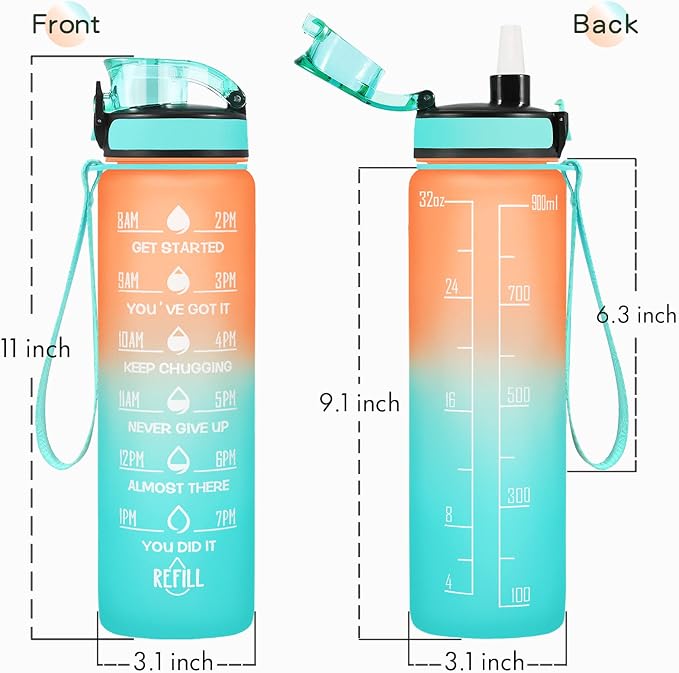 Enerbone Water Bottle, Leakproof BPA & Toxic Free, Motivational Water Bottle with Times to Drink and Straw, Fitness Sports Water Bottle with Strap for Office, Gym, Outdoor Sports