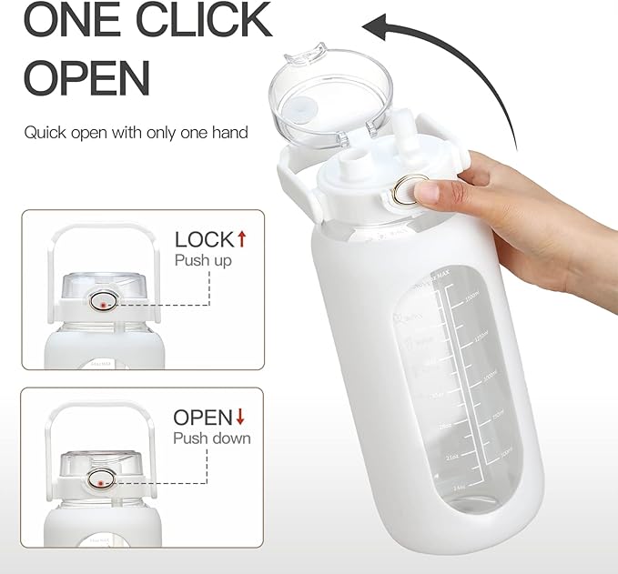 chunmo 64oz Glass Water Bolttles with Straw Half Gallon Large Motivational Water Bottle with Time Marker Sports Water Bottles with Silicone Sleeve and Handle Lid Water Jug for Gym Workout