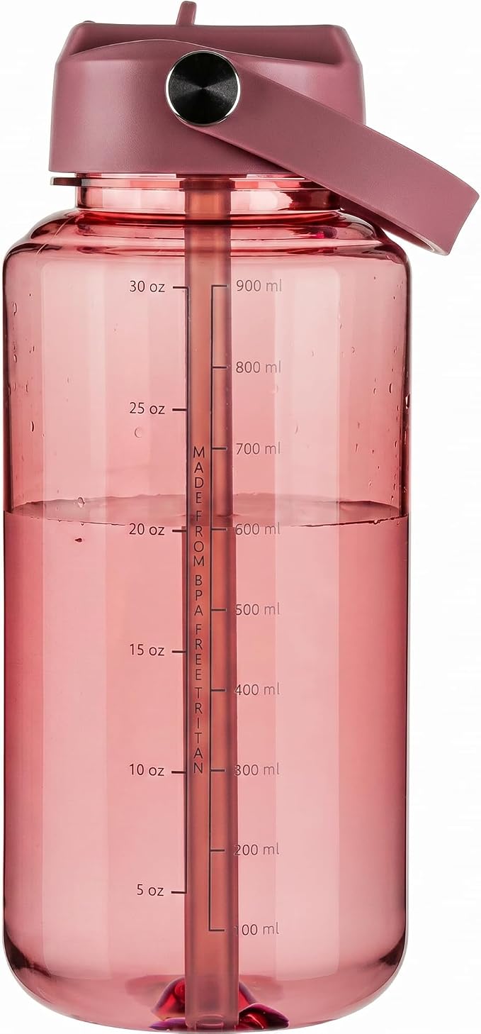 OLDLEY 32oz Water Bottle with Straw, Leakproof Tritan Clear Bottle with Marked Bottle and Carry Handle, BPA-Free Wide Mouth Reusable Sports Water Bottle for Gym,Hiking, Camping,Travel,Workout,Red