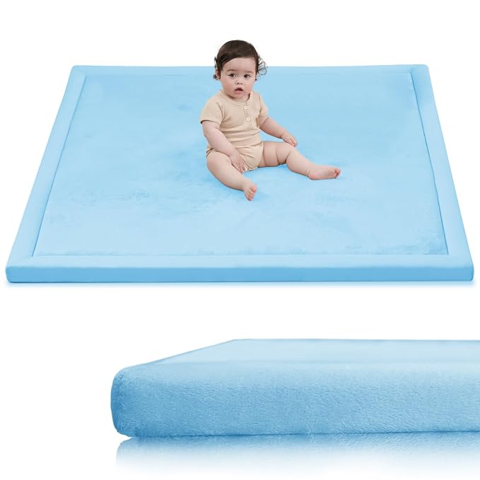 Baby Play Mat for Floor,1.3" Thick Memory Foam Tummy Time Mat,Soft Coral Velvet Nursery Rug,Extra Large Non Slip Crawling Mats for Living Room （Light Blue）