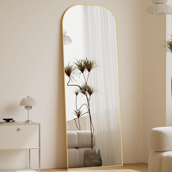 Koonmi Full Length Mirror, 56"x21" Mirror Full Length with Stand | Domed Top Square-Edged ShatterProof Floor Mirror with Gold Aluminum Alloy Frame for Bedroom Living Room Home Gym