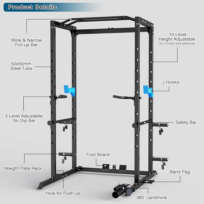 ULTRA FUEGO Power Cage, Multi-Functional Power Rack with J-Hooks, Dip Handles, Landmine Attachment and Optional Cable Pulley System for Home Gym