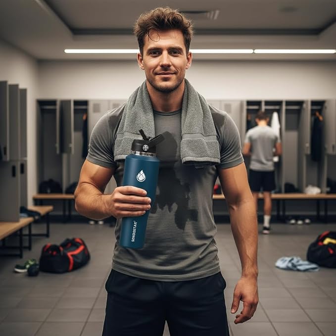 SENDESTAR 40oz Stainless Steel Water Bottle(Cold for 48 Hrs, Hot for 24 Hrs),Double Wall Vacuum Insulated Bottle with Straw Lid, Spout Lid and Flex Cap, Fit in Any Car Cup Holder，Navy