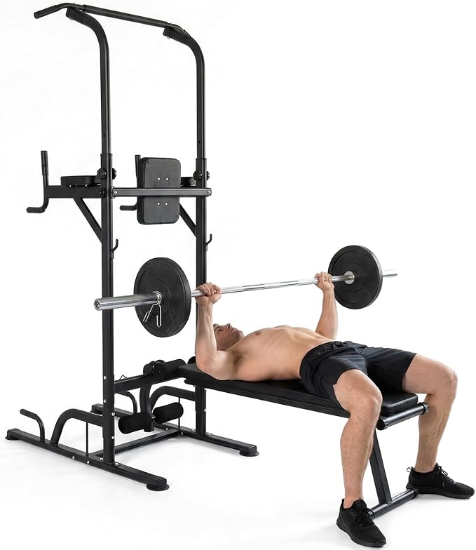 Pull-Up Dip Station - Your All-in-One Power Tower Gym and Chin-Up Bar Stand with Collapsible Bench for Home Exercise and Bench Press