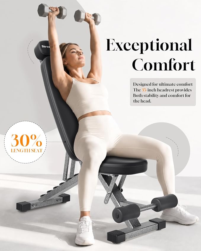 Fitness Bench, Adjustable, Comfortable, Fashionable, Foldable and Extended Headrest with 192 Positions Incline Decline 900LBS Home Gym Bench for Strength Training