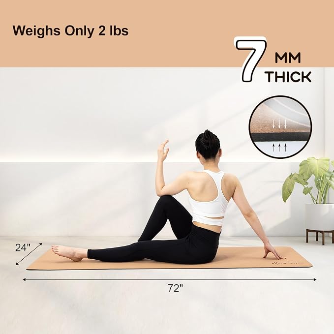StrongTek Cork Yoga Mat, Eco-Friendly, TPE Base, 7 mm, 72 x 24 in | Natural Non-Slip Grip, Cushioned Support, Durable Surface, 2 lb Lightweight, Hot Yoga, Pilates, Home Fitness, Carry Strap