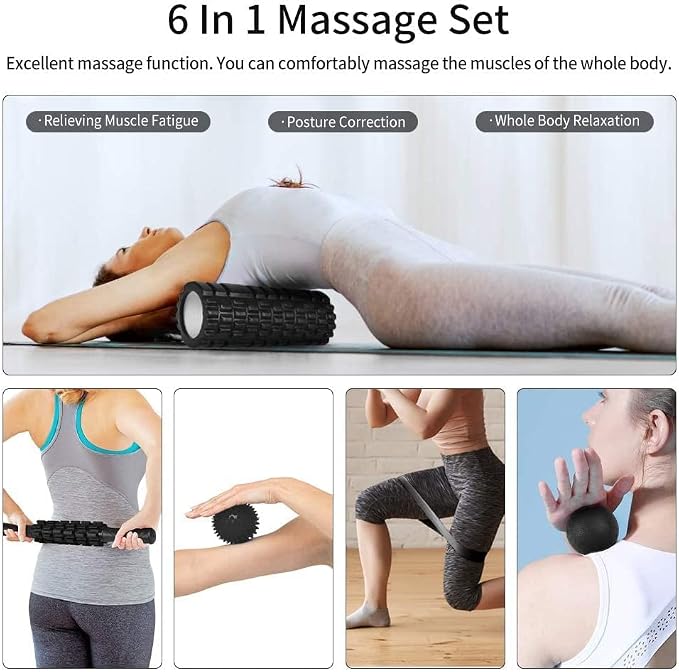 Aucuu 6 in 1 Foam Roller Set Includes Hollow Core Massage Roller, Yoga Stick, Massage Ball, Fitness Stretching Strap, Carrying Bag, Towel, Massage Roller (Black)