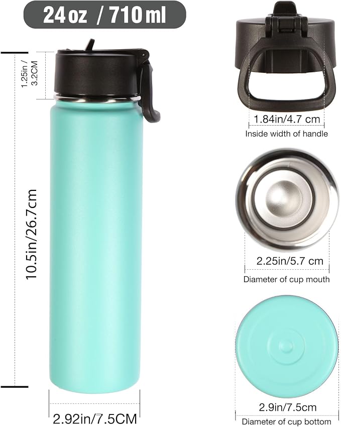 Volhoply 24oz Insulated Water Bottle With Straw Bulk 3 Pack,Metal Wide Mouth Water Bottles With Handle Lid Keep Cold,Reusable Double Wall Cups,Powder Coated Sport Bottle For Holder(Mint,3 Count)