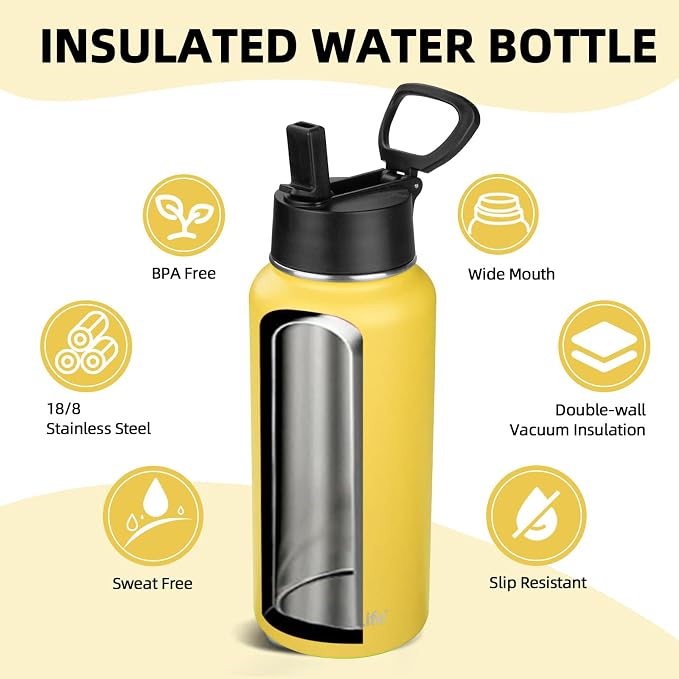 Insulated Water Bottle With Straw,32 oz Vacuum Insulated Stainless Steel Sports Water Flask,Keeps Cold and Hot,Metal Water Bottle Wide Mouth for Gym Travel Camping (Yellow)
