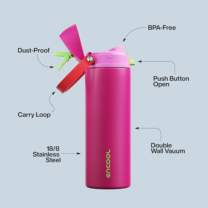 Insulated Water Bottle with Straw - Encool Stainless Steel Water Bottle with Push Button Lid, Leak-Proof & BPA-Free, Keeps Cold for 24 Hours for Sports, Travel, Gym (24 oz, Cerise Pink)
