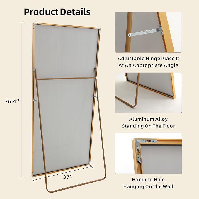 Beauty4U 76" x 37" Full Length Mirror with Stand, Gold Large Floor Mirror | Standing, Leaning, or Wall-Mounted Tempered Glass Full Body Mirror with Metal Frame for Bedroom, Closet, Modern Home Decor