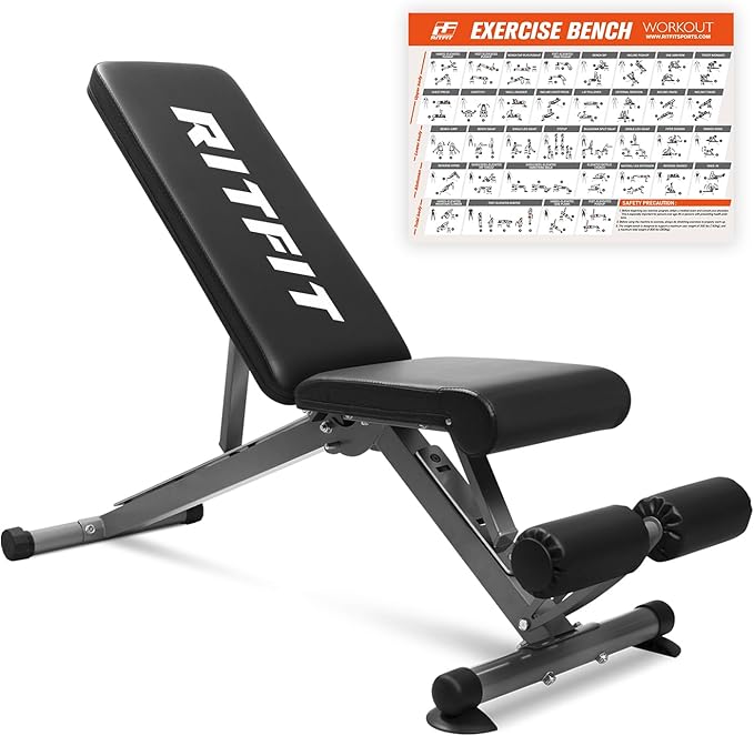 RitFit Adjustable/Foldable Utility Weight Bench for Home Gym | Incline Decline Flat, Multi-Position Backrest & Seat, Full Body Strength Training with Heavy Duty Steel Frame, Foldable